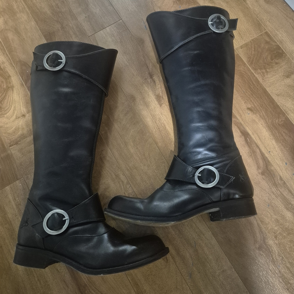 John Fluevog Black Leather Heeled Boots with Silver Buckles 9 and one pair 9.5